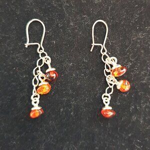 3 Strand 925 Sterling Silver and Genuine Baltic Amber Dangle Earrings